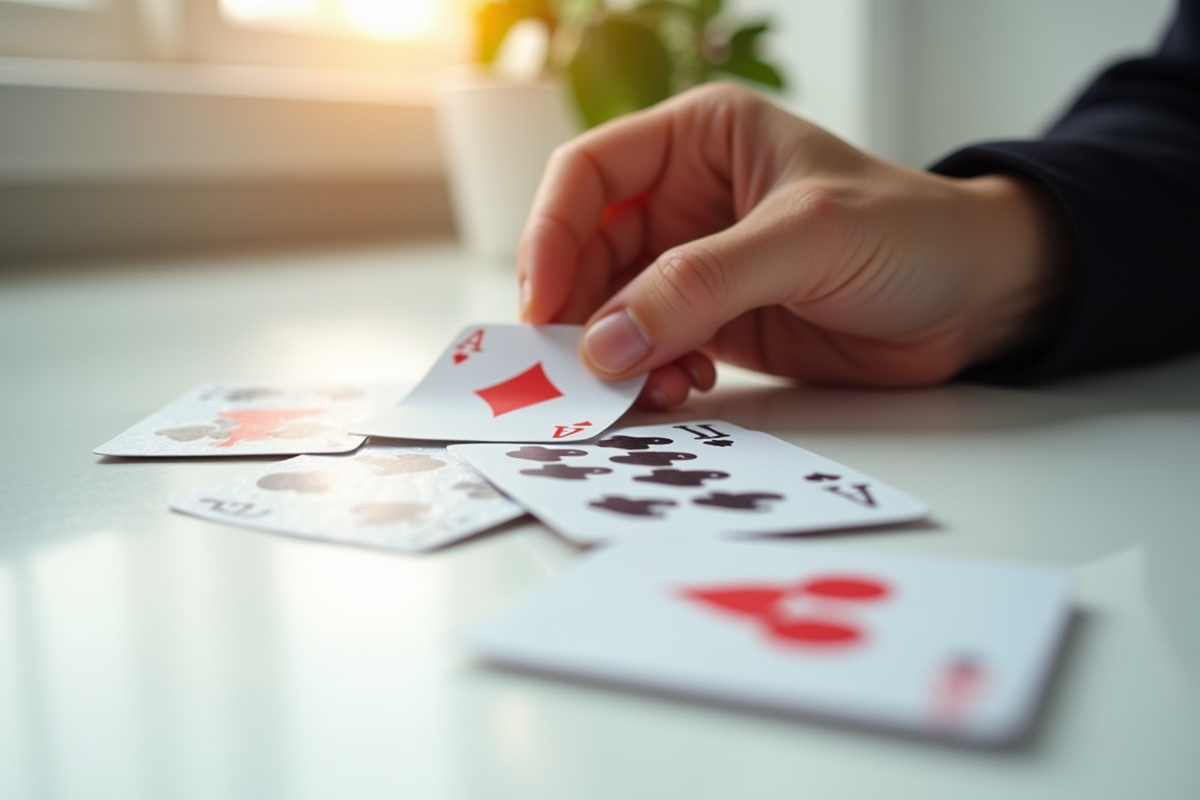 Main plaçant une carte sur un jeu de solitaire moderne