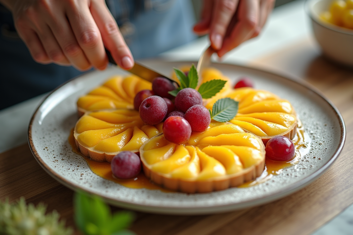 Préparation d un dessert d été avec durian et prunes