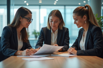 Trois professionnels discutant autour d'une table moderne en bureau