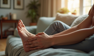 Personne se relaxant en massant ses pieds dans un intérieur cosy