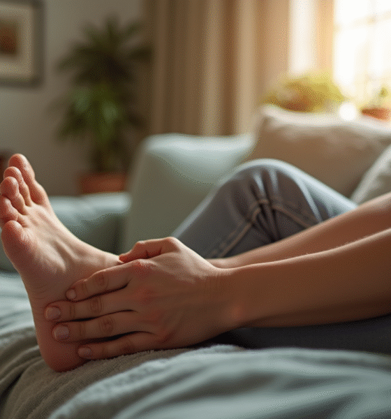 Personne se relaxant en massant ses pieds dans un intérieur cosy