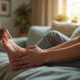 Personne se relaxant en massant ses pieds dans un intérieur cosy