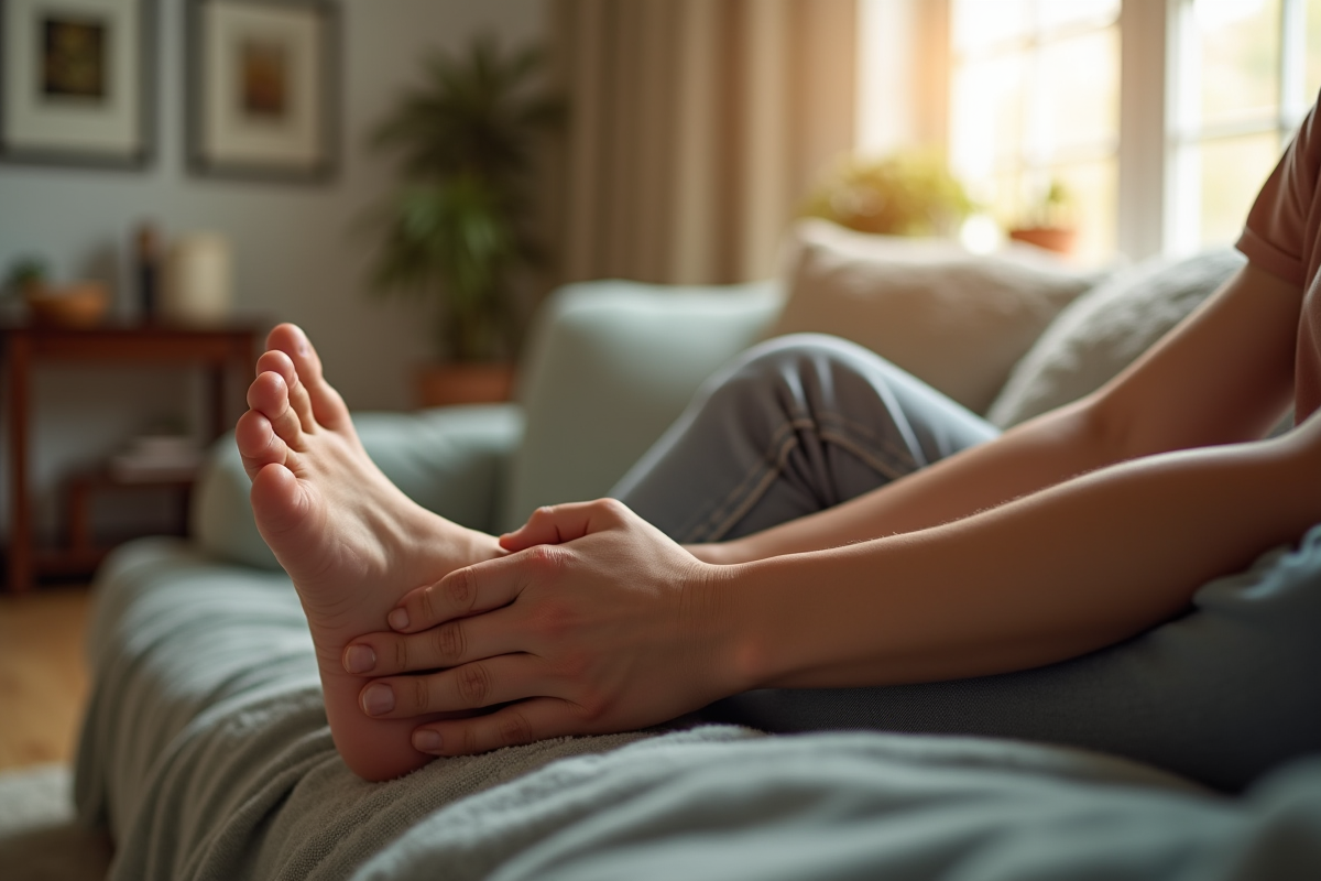 Personne se relaxant en massant ses pieds dans un intérieur cosy