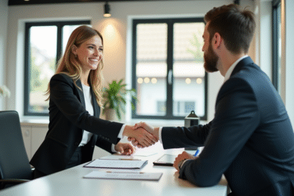 Jeune professionnel souriant serre la main d un conseiller bancaire