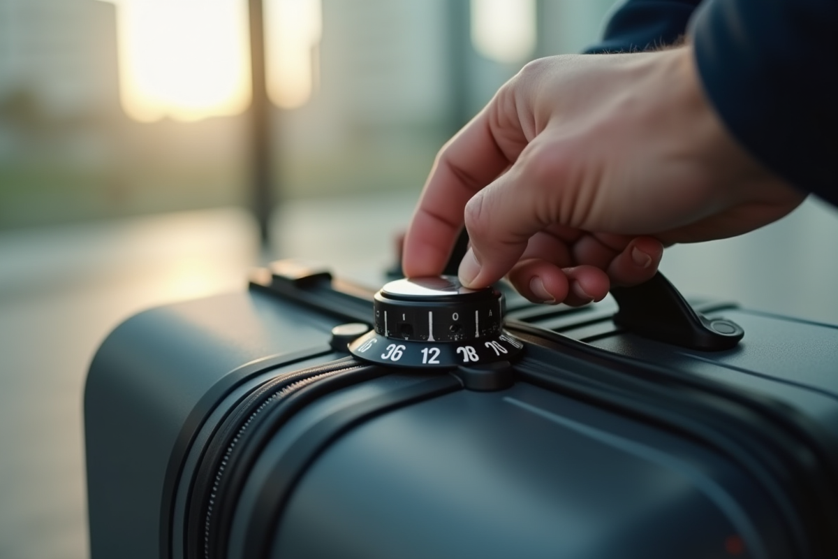 Mains manipulant le cadenas numérique d'une valise moderne