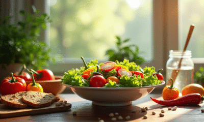 Bol de salade colorée et fraîche sur une table en bois