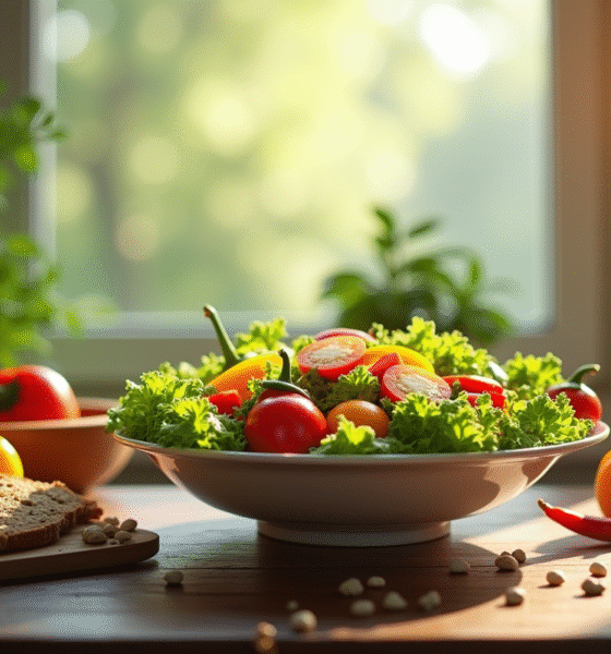 Bol de salade colorée et fraîche sur une table en bois