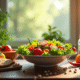 Bol de salade colorée et fraîche sur une table en bois