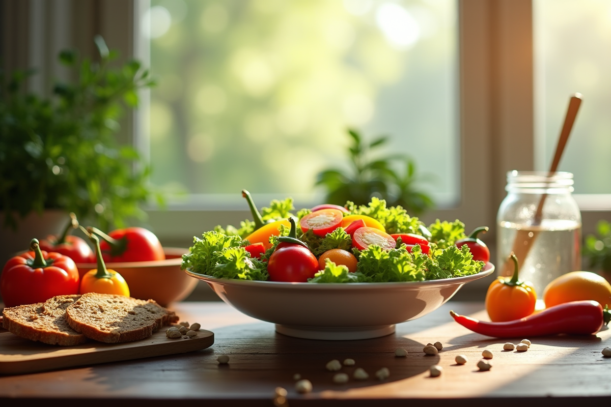 Bol de salade colorée et fraîche sur une table en bois