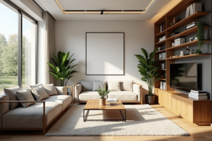 Salon moderne avec canapé et plantes lumineuses