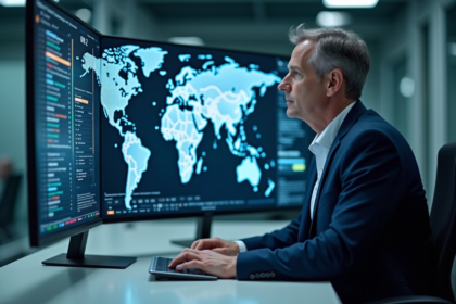 Homme scientifique en costume analysant un classement mondial