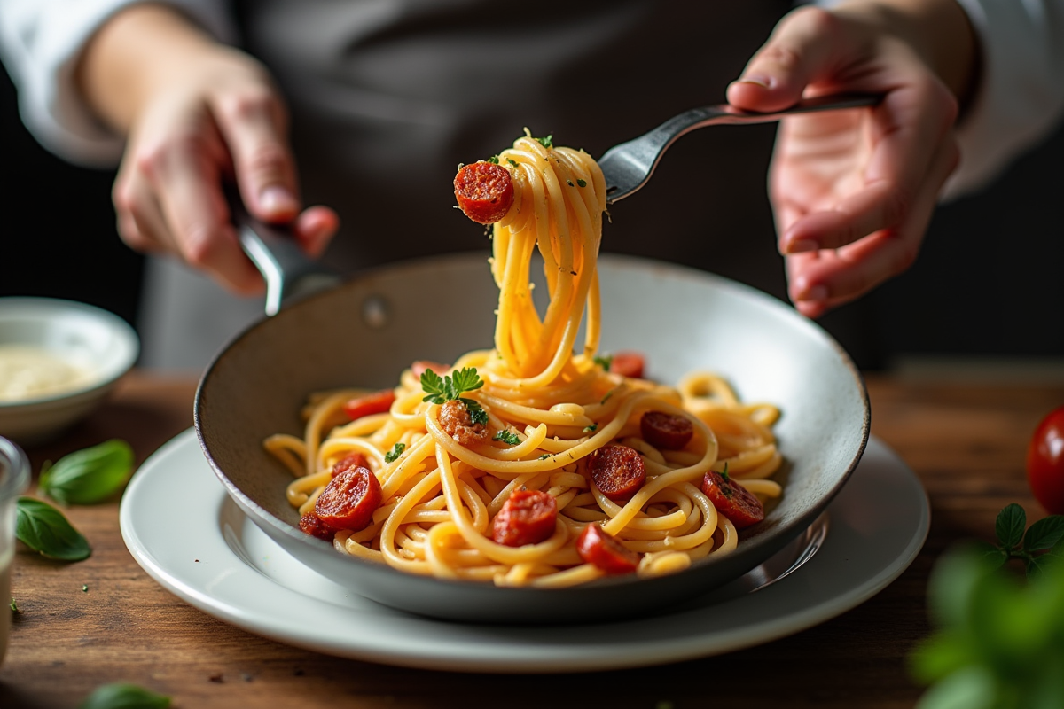Mains servant des pâtes au chorizo dans une assiette blanche