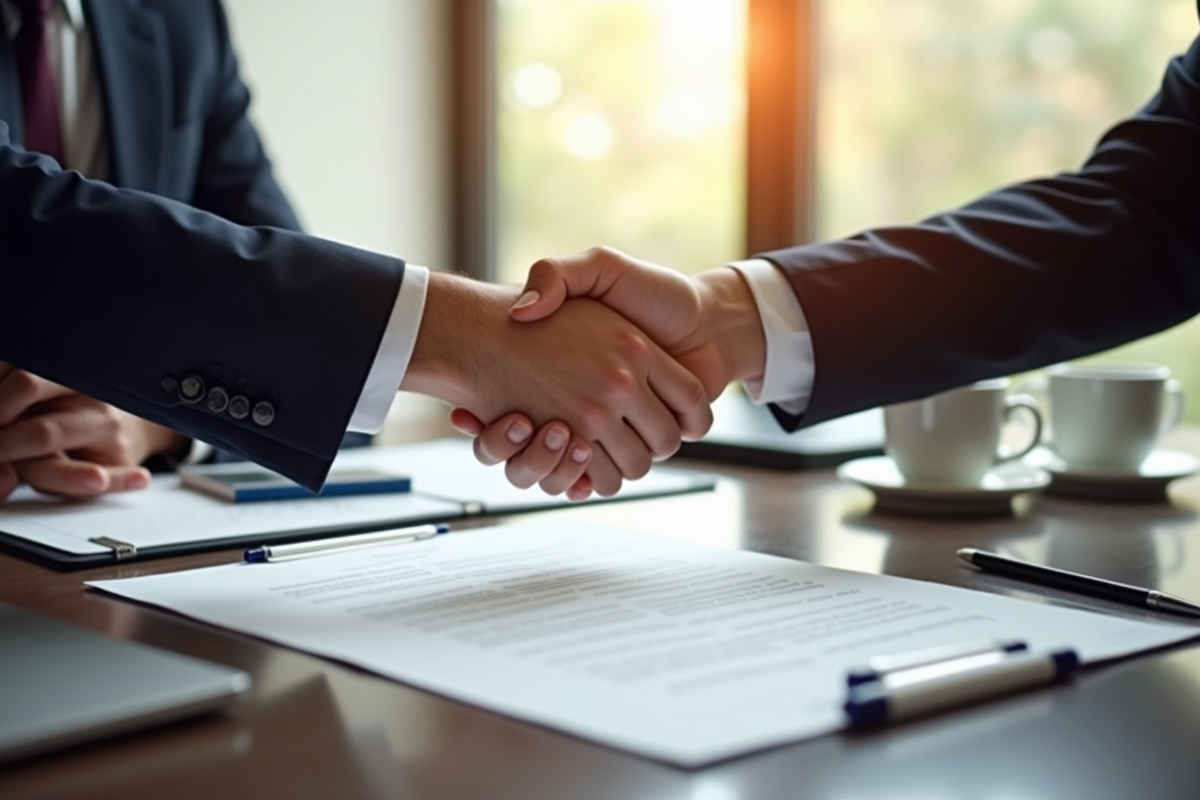 Deux personnes se serrant la main sur un contrat d