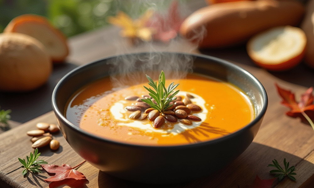 Soupe de potiron rustique avec graines et herbes