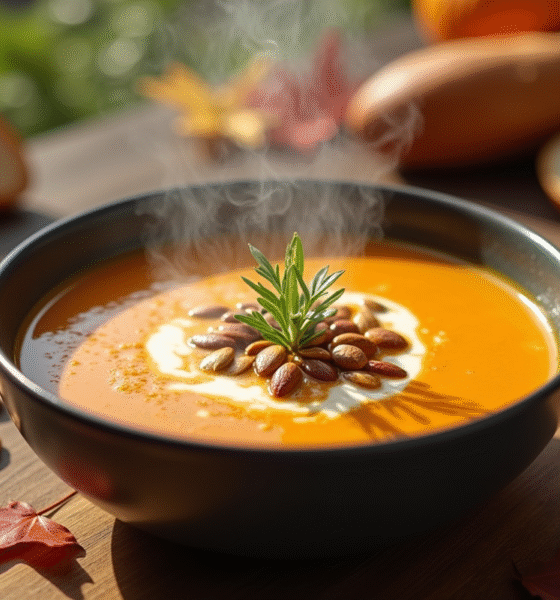 Soupe de potiron rustique avec graines et herbes