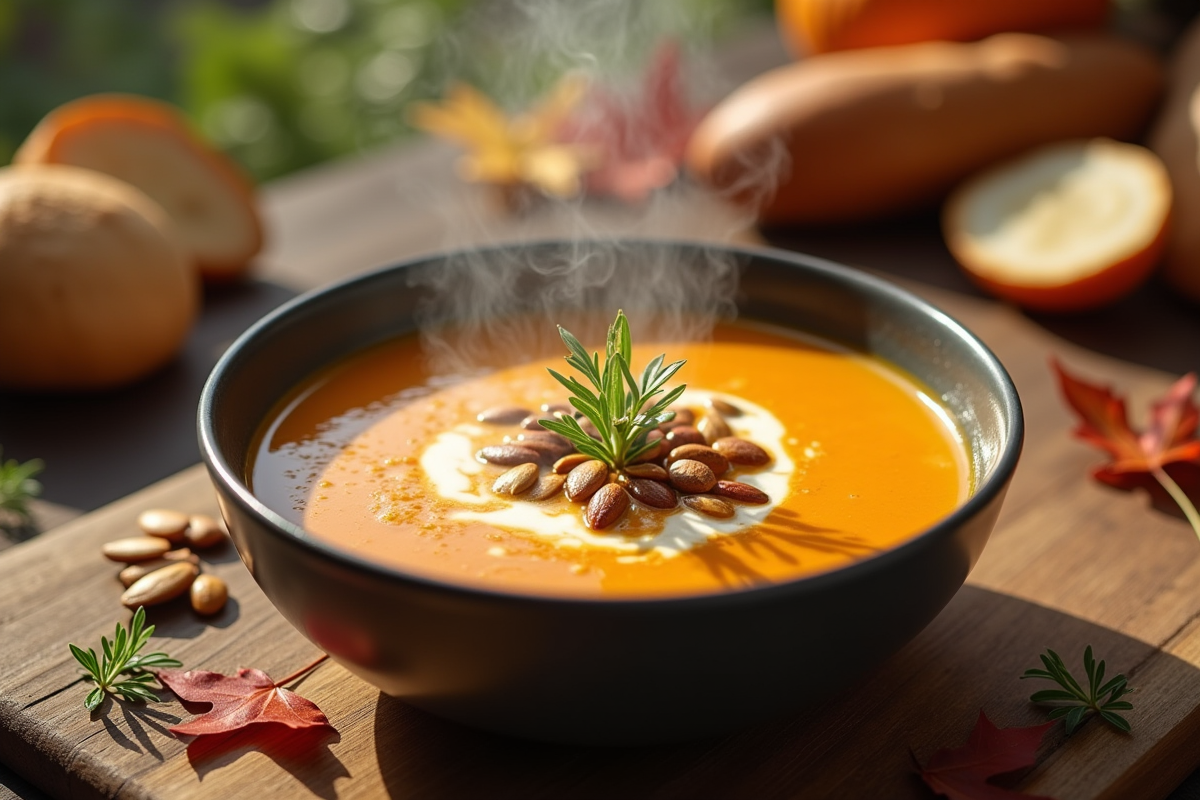 Soupe de potiron rustique avec graines et herbes