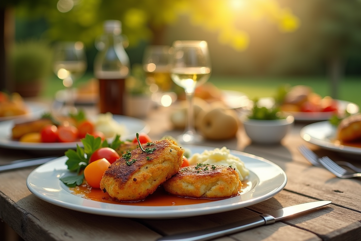 Repas familial en plein air avec légumes rôtis et escalope milanaise