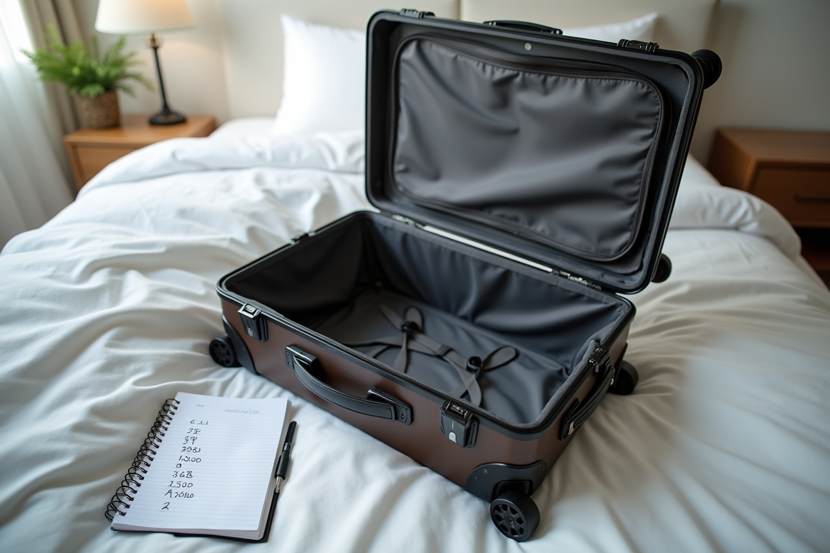 Valise ouverte sur lit blanc avec liste de codes et carnet