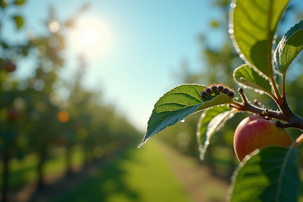 Verger au matin avec feuilles de pommier et chenille sur une branche