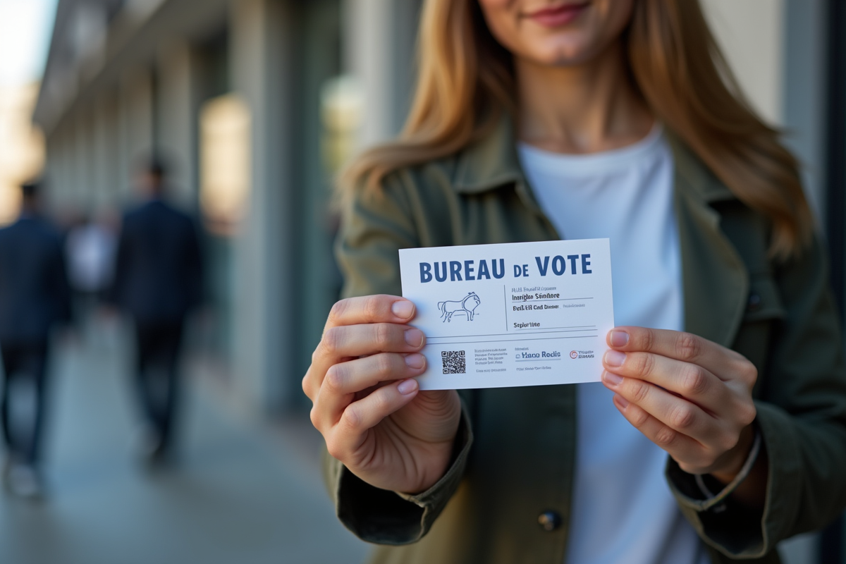 Personne tenant une carte électorale devant un bureau de vote
